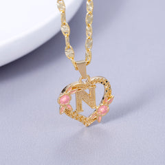 GOLD PLATED CUSTOMIZED HEART FLOWER INITIAL LETTER PENDANT ROSE GOLD HEART INITIAL LETTER RING