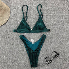Sexy velvet ribbed swimsuit women Triangle micro bikini set Solid swimwear 2021 High cut swimming Bathing suit Beachwear Biquini