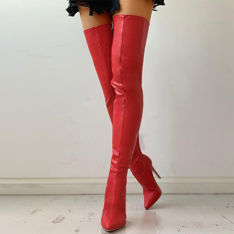 Black Sexy Over The Knee Boots Women High Heels Shoes Ladies Thigh High Boots Spring Leather Long Boots Female Shoe Plus Size 43