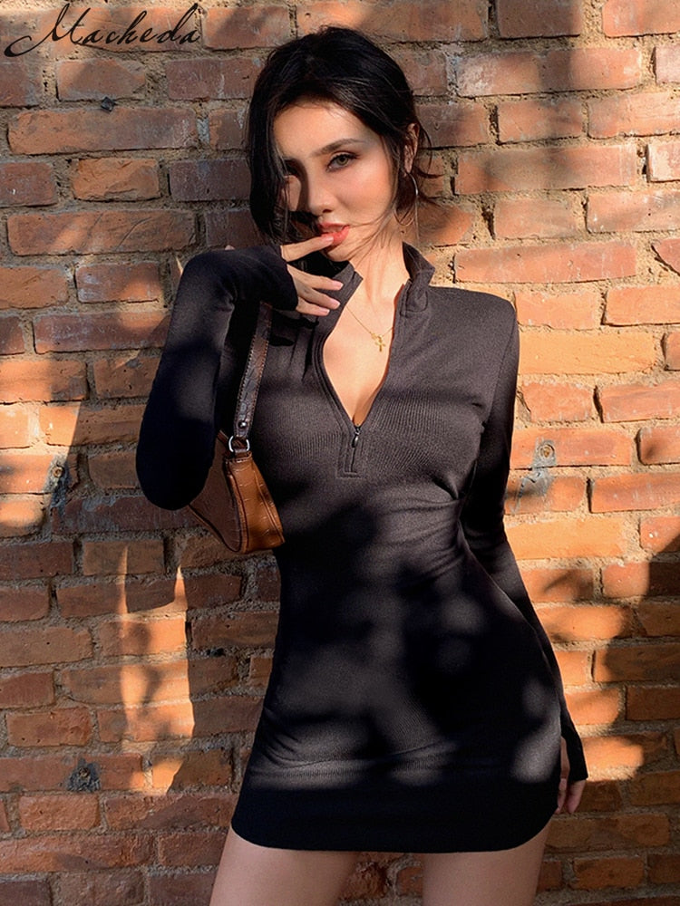 Macheda Autumn Winter Stretch Slim Soft Ribbed Knitted Turtleneck Dress Woman Fashion Solid Black Casual Bodycon Zip Dress