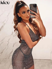 Kliou Shiny Mesh See Through Mini Dresses Women Sexy Camisole Deep V-Neck Twinkle Skinny Midnight Hip Skirt Party Attirewear