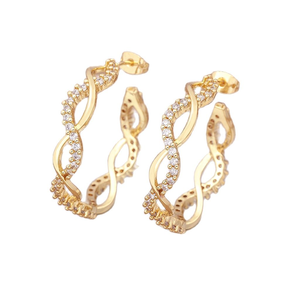 Hot Sale New Design Copper  Zircon Crystal Big Hoops Gold Color Drop Earrings for Women Twist Fashion Party Birthday Jewelry