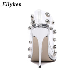EilyKen  New Spring Autumn Fashion PVC Transparent Rivet Women Pumps Sandal Sexy Pointed Toe Thin High Heel Stripper Party Shoes