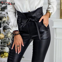 InstaHot Gold Black Belt High Waist Pencil Pant Women Faux Leather PU Sashes Long Trousers Casual Sexy Exclusive Design Fashion