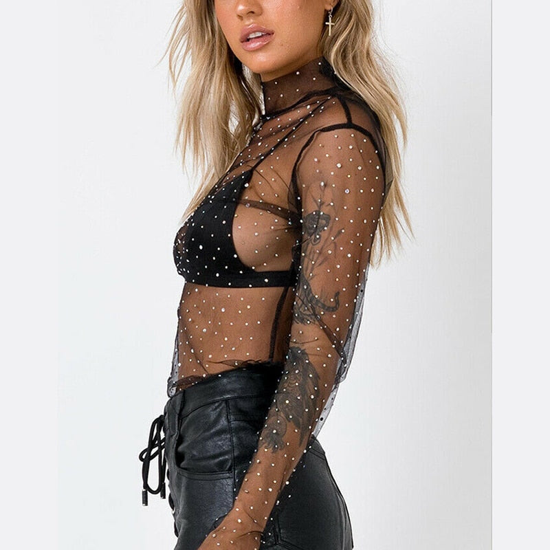 Summer Sexy Lace Mesh Sheer T Shirt Women Transparent Tops Turtleneck See Through Cover Up Summer Female Tshirt