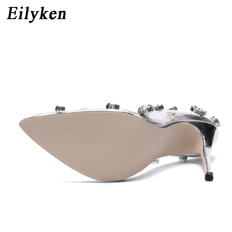 Eilyken 2022 Design Rivet Crystal Pumps Wedding Women Shoes High Heels PVC Transparent Sexy Night Club Femme Shoes