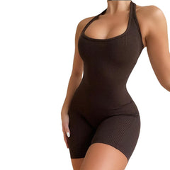 Sleeveless Rib Knitted Bodycon Romper - Casual Sport Short