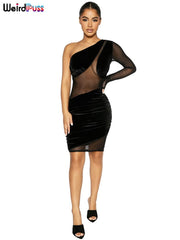 Weird Puss Velvet Mesh Patchwork Dress Women Diagonal Collar One Shoulder Sexy Elastic Skinny Bodycon Trend Party Club Outfit
