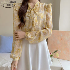 Autumn V-neck Sweet Floral Print Chiffon Blouse Fashion Ruffled Bow Tie Shirt Women Long Sleeve Shirt Tops Clothes Blusas 16559