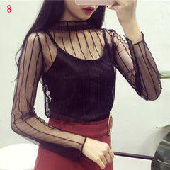 Mesh Sheer T-Shirts Long Sleeve Blouses  Transparent Tops