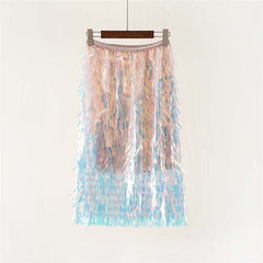 Fashion Holographic Colorful Long Skirt Shiny Sequined Elastic Waist Multilayered Patchwork Skirts High Street Skirt For Lady
