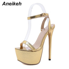 Aneikeh NEW Sexy Sandals Women Bling Golden PU Peep Toe Stripper High Heel Sandals Summer Fashion Buckle Strap Thin Heels Slides