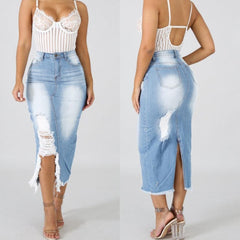 Fashion Women Skirt High Waist Ripped Split Denim Distressed Jeans Body con Long Skirt suitable for Daily Life юбка