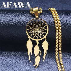 Feather Dream Catcher Stainless Steel Chain Necklaces Gold Color Long Necklaces Boho Jewelry sautoir femme long bohème N7021S01