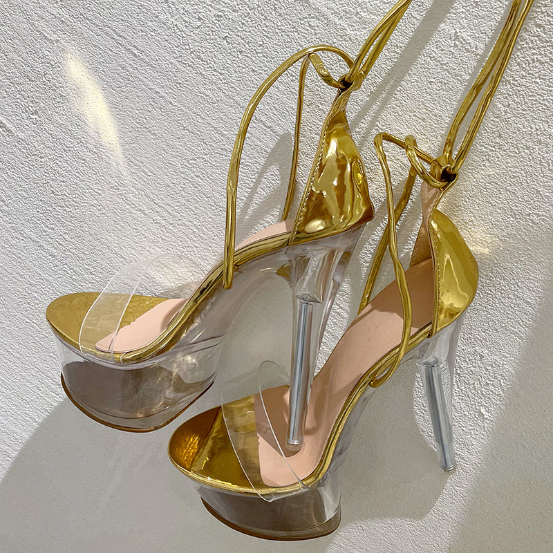 Ultra High Crystal Platform Sandals Peep toe Ankle-Wrap Buckle Strap