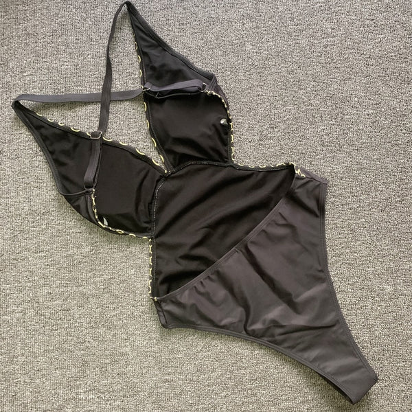 Golden Print One Piece Bikini Deep-V Bathing Suit
