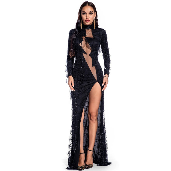 Evadne Sheer Sequin Turtleneck Maxi Dress