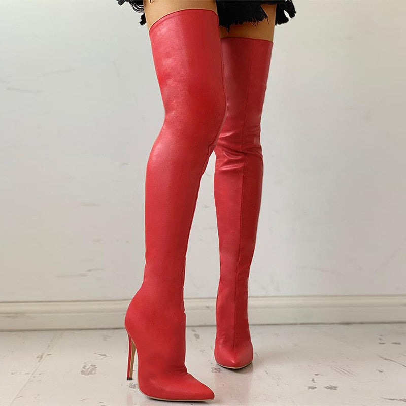Black Sexy Over The Knee Boots Women High Heels Shoes Ladies Thigh High Boots Spring Leather Long Boots Female Shoe Plus Size 43
