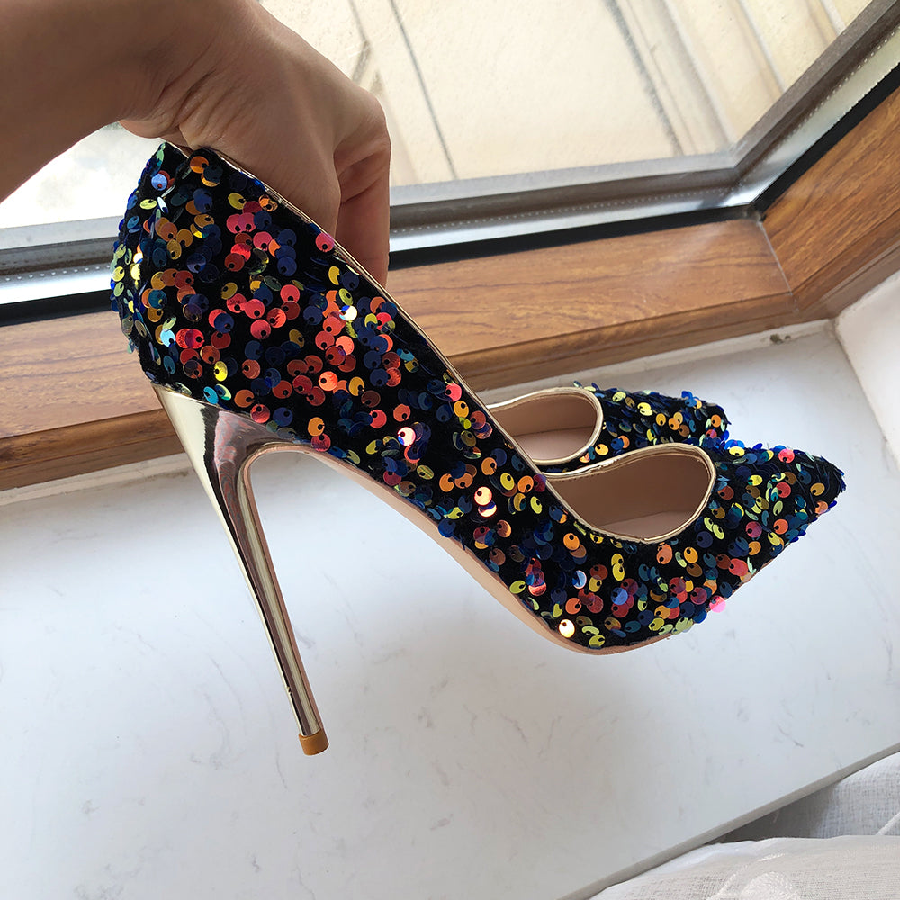 Blue Bling Sequins Women Sexy Extremely High Heels Pointed Toe Slip On Stiletto