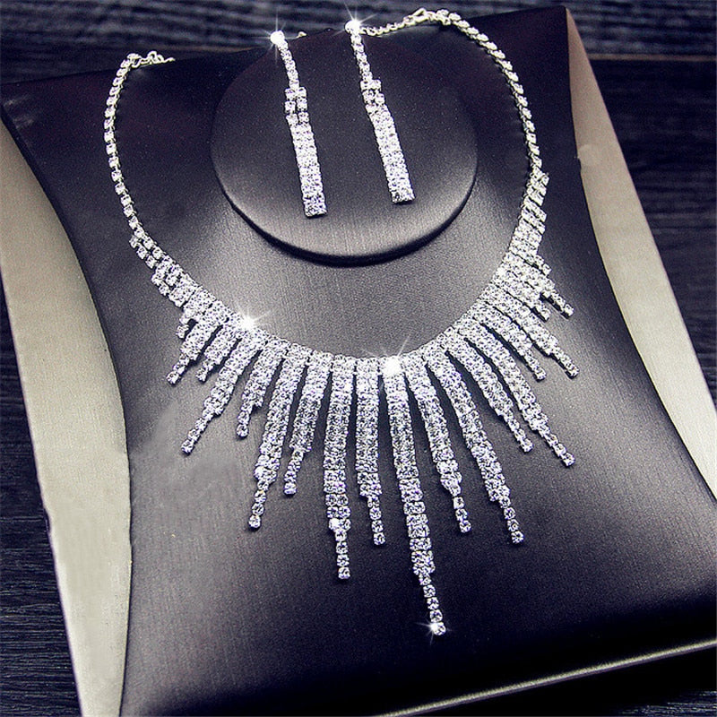 FYUAN Shine Geometric Rhinestone Necklace Earrings For Women Long Tassel Jewelry Sets Weddings Banquet Gifts Main image