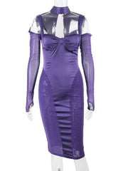 Karlofea Lady Long Sleeve Mesh Satin Patchwork Midi Dress Underwired Padded Bustier 2021 Elegant Chocker Slim Corset Party Dress