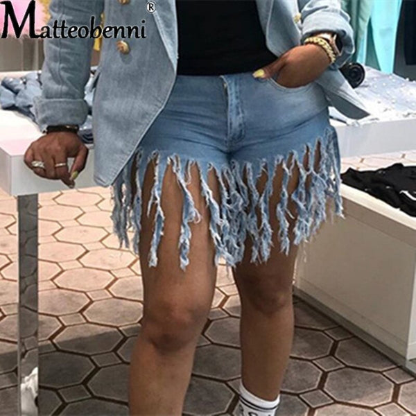 Sierra High-Waist Fringed Denim Shorts Apparel One-piece