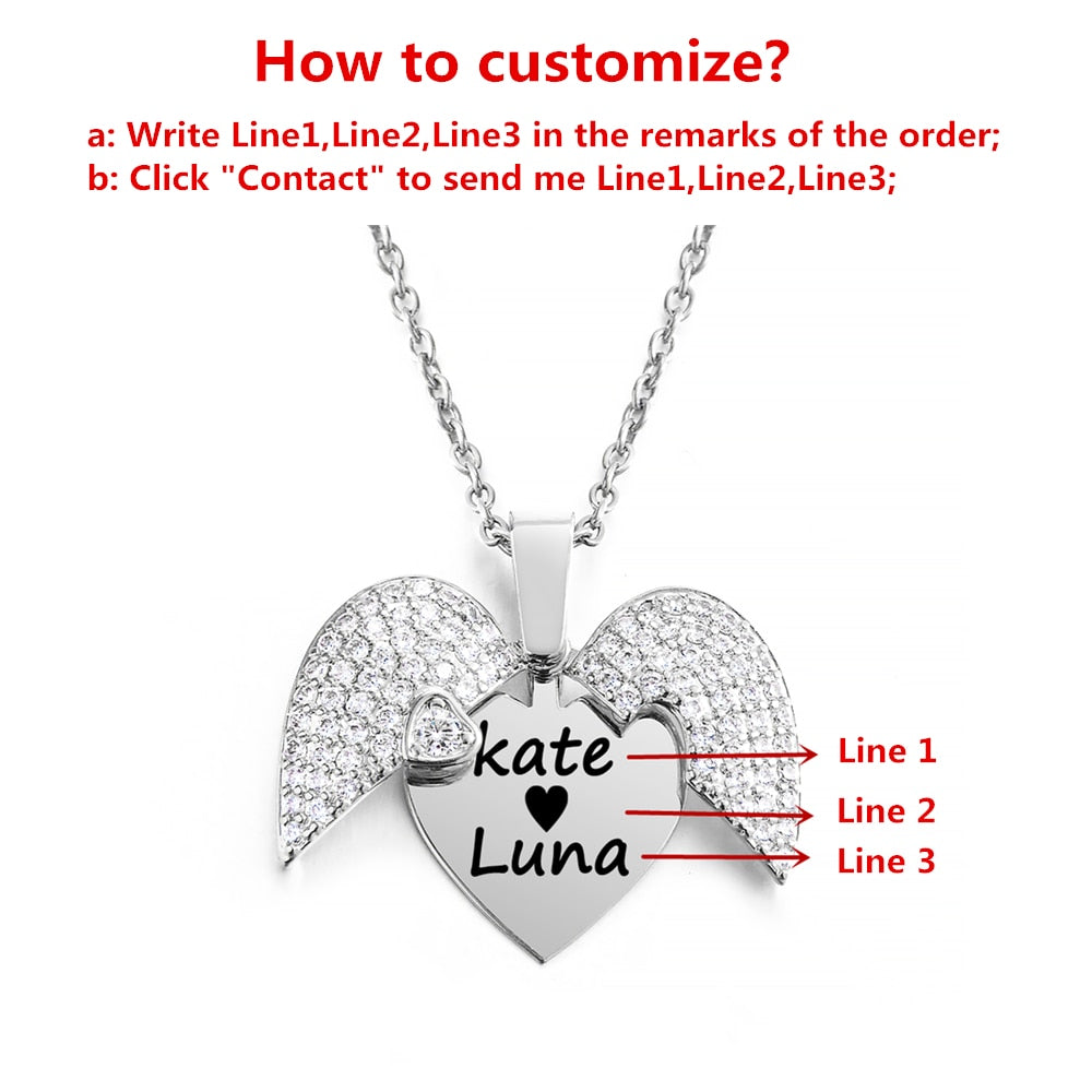 Personalized Women Chain Necklace Custom Engraved Heart Name Openable Heart Crystal Wings Pendant Neklace Valentine Day Gift