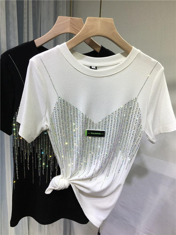 Heavy Embroidery Hot Drilling T-shirt Women Fake Two-Piece Shiny Slim Fitted Short-Sleeved T Shirt O-Neck Tops Femme Knited Tees