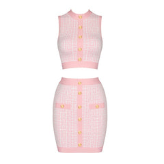 PB Stylish Jacquard Two Pieces Set Sexy Stand Collar Sleeveless Celebrity Party Club Bandage Vestido Free Shipping