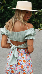 Nadafair Blouse Women 2020 Summer Off Shoulder Tops Puff Sleeve Bow Tied Beach Short Sleeve Backless Sexy Crop Top Women White