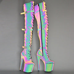 Lace Up Thigh High Boots Sexy Exotic Pole Dance Colorful Reflective Fabric Luminous Platform Shoes