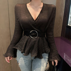 Women Sexy Lace Wavy Edge Wrinkles Chiffon Shirt 2021 New Female Chiffon Temperament V-Neck All-Match Solid Color T-Shirts