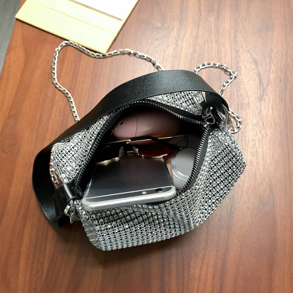 Rhinestone Crossbody Bag Shiny Chain Evening Clutch Shoulder Pouch