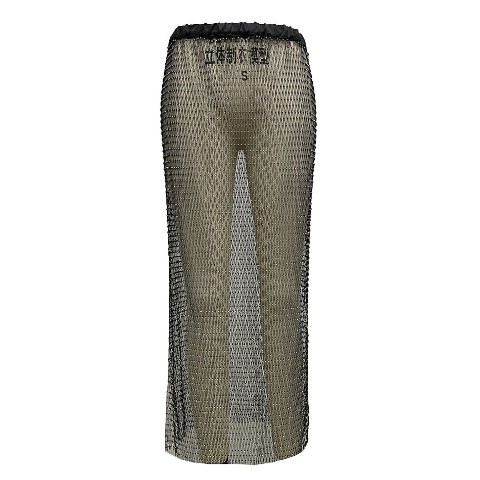 YOUR BUMP CURVE Shiny Crystal Mesh Hollow Split Loose Skirt Sexy Ladies Beach Party Rhinestone Skirt