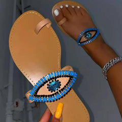 2021 women summer luxury round head set toe flat large size rhinestone gems all-match outdoor beach sandals durable ms slippers