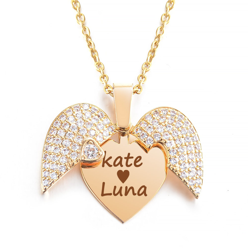 Personalized Women Chain Necklace Custom Engraved Heart Name Openable Heart Crystal Wings Pendant Neklace Valentine Day Gift