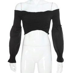 Darlingaga Fashion Chic Smocking White Shirt Women Blouse Long Sleeve Criss-cross Off Shoulder Top Crop Sexy Autumn Shirts Sexy