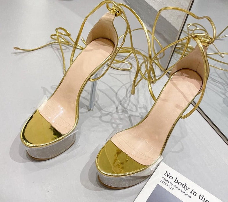 Ultra High Crystal Platform Sandals Peep toe Ankle-Wrap Buckle Strap