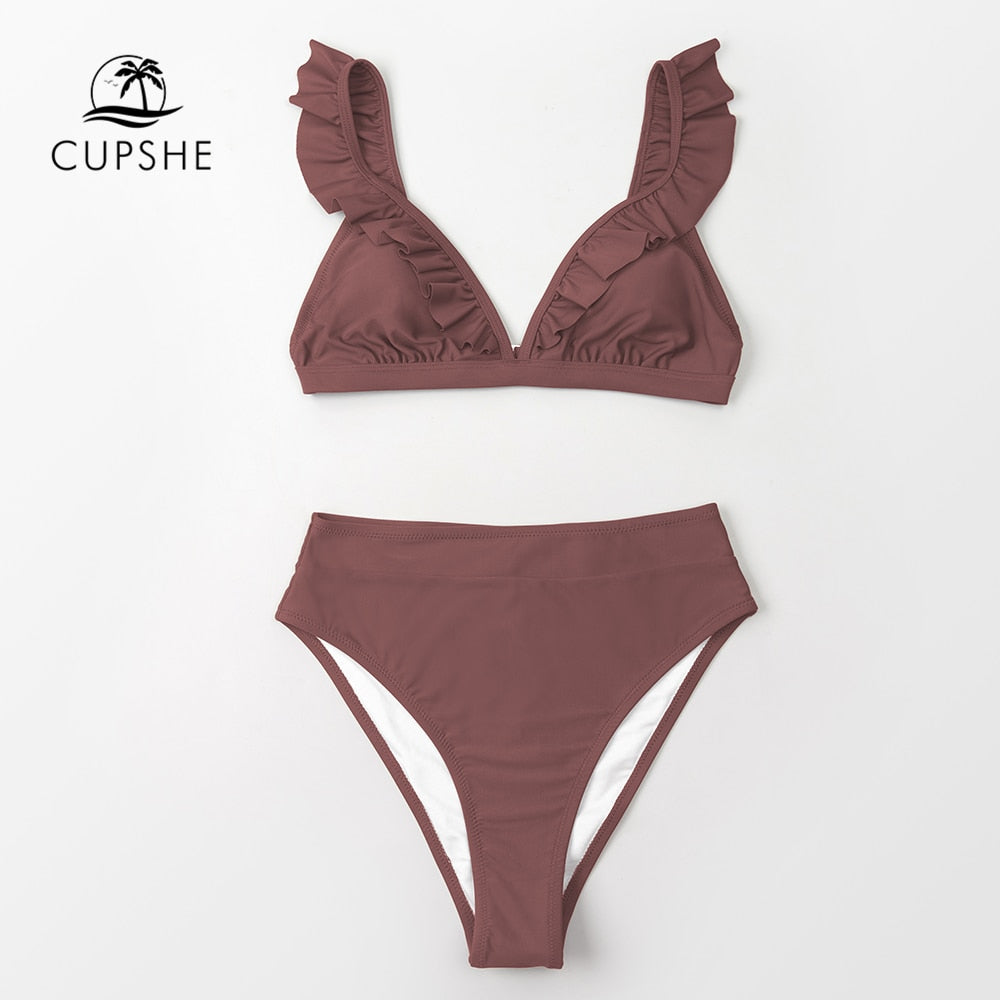V-neck Ruffled High-waist Bikini Set