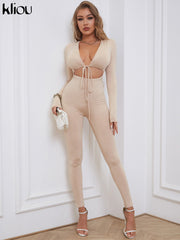 Kliou Solid Jumpsuit Drawstring Cleavage Waist Out One Piece Overall Sexy  Body-Shaping Hipster Midnight Club Female Clothing