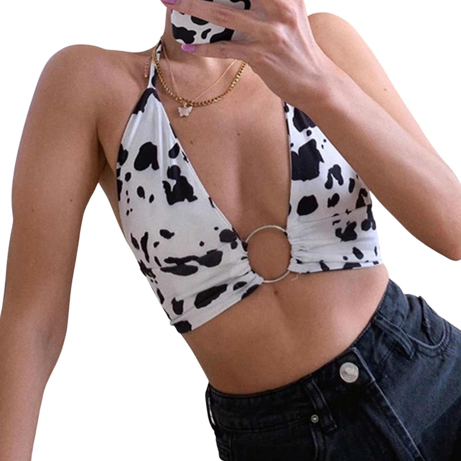 Women&#39;s Sexy Summer Cow Print Crop Tops Y2K V-Neck Sleeveless Sling Halter Vest with Metal Ring for Girls Streetwear