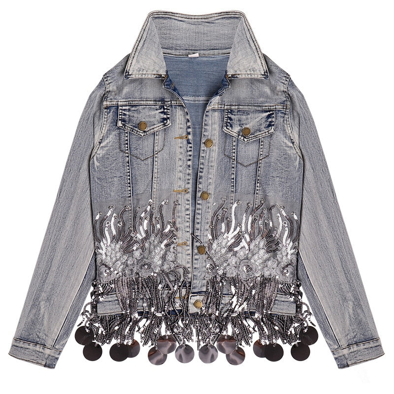 sequined beading tassel hem women jacket coat long sleeve fashion women top denim jacket autumn women coat chaqueta mujer