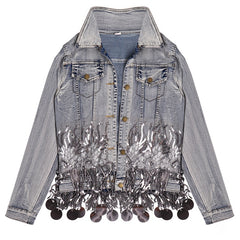 sequined beading tassel hem women jacket coat long sleeve fashion women top denim jacket autumn women coat chaqueta mujer