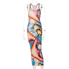 Hugcitar 2021 Sleeveless Hollow Out Straps Asymmetric Print Backless Ruched Sexy Maxi Dress Summer Women Streetwear Y2K
