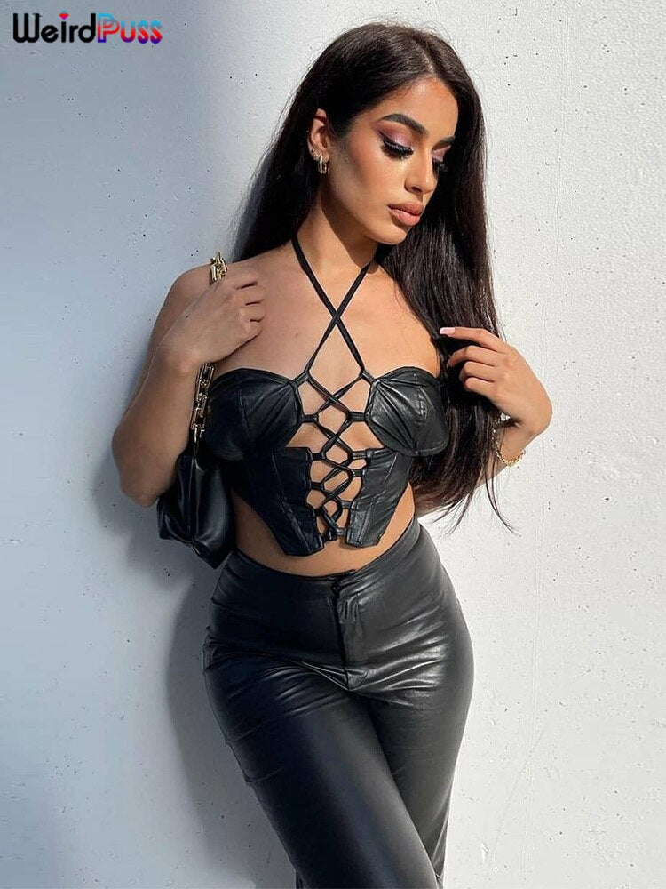 Weird Puss Shirring Women Leather Sexy Camisole Bandage Backless Summer Hollow Halter Vest Hot Girl Trend Party Wild Streetwear