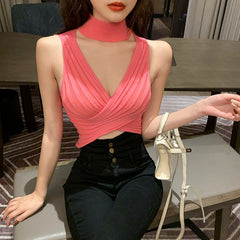 Women Knitting Halter Neck Cropped Tank Tops Female Knitted Crossed Sexy Camisole Sleeveless Solid T shirts Crop Tops