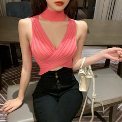 Women Knitting Halter Neck Cropped Tank Tops Female Knitted Crossed Sexy Camisole Sleeveless Solid T shirts Crop Tops