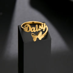 Atoztide Custom Names Rings Stainless Steel Adjustable Butterfly Open Size Wedding Letter Circle for Women Unique Jewelry Gifts