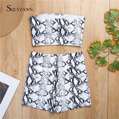 Snake Skin Two Piece Set Women Summer Strapless Backless Crop Top Elastic Waist Shorts Tracksuit Fashion Beachwear 2 Pcs Outfits