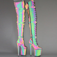 Lace Up Thigh High Boots Sexy Exotic Pole Dance Colorful Reflective Fabric Luminous Platform Shoes